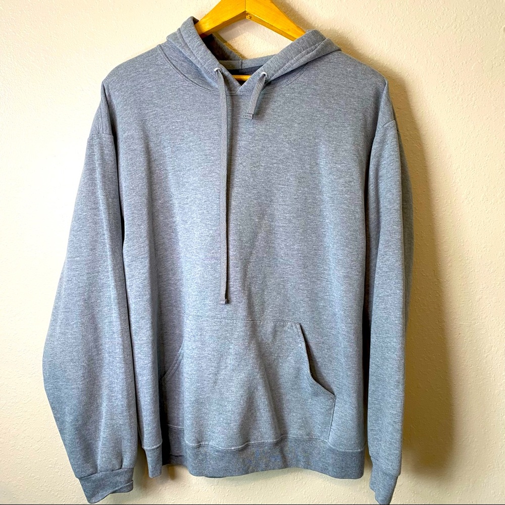 Athletic gray hooded sweatshirt.